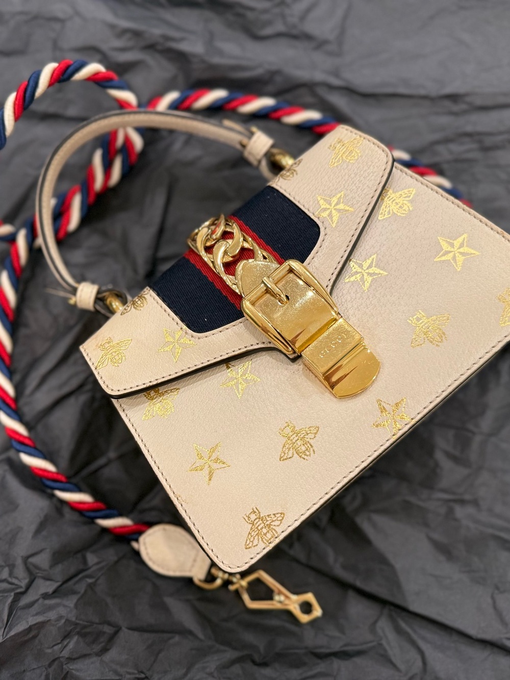Gucci Cream Leather Top-Handle Shoulder Bag with Navy & Red Web - Picture 16 of 16